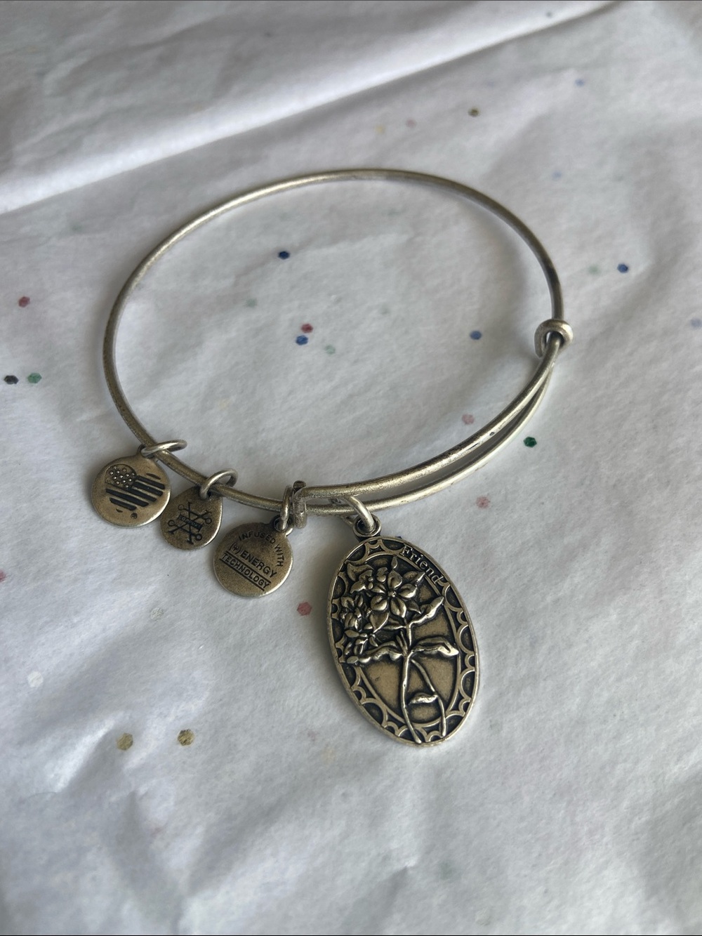 Authentic Alex and Ani 2016 Silver Floral Oval Friend Charm Bangle Bracelet